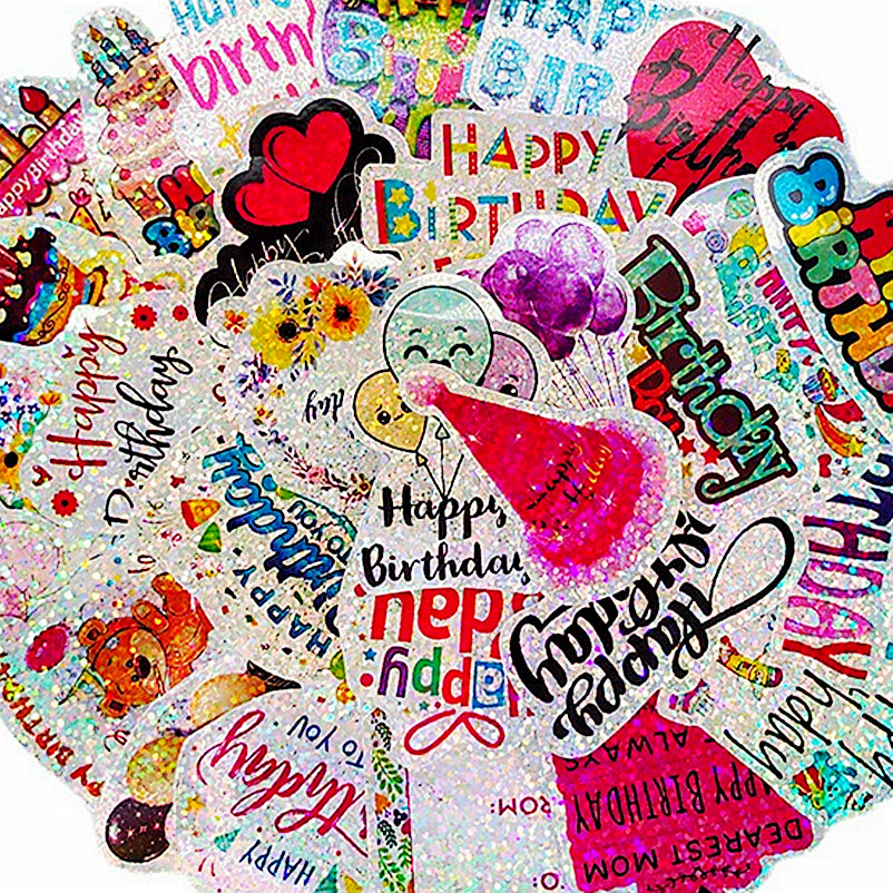 Yusland-Stickers 3 Sets 44 Stickers/Set Happy Birthday Laser Creative Personality Balloon Bouquet Hat Party Decoration Skateboard Vinyl Laptop Luggage Decals Dope Sticker Random